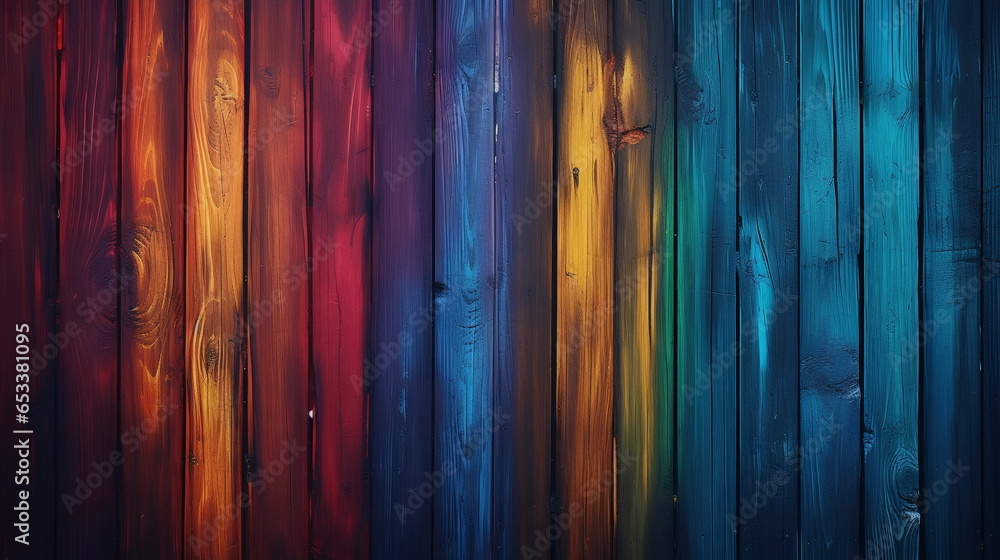 Rainbow-Colored Wooden Plank, Tonalist Aesthetic, 32K UHD, Influenced by Flickr, Playful & Dark, Vibrant Murals, Staining, Rim Light