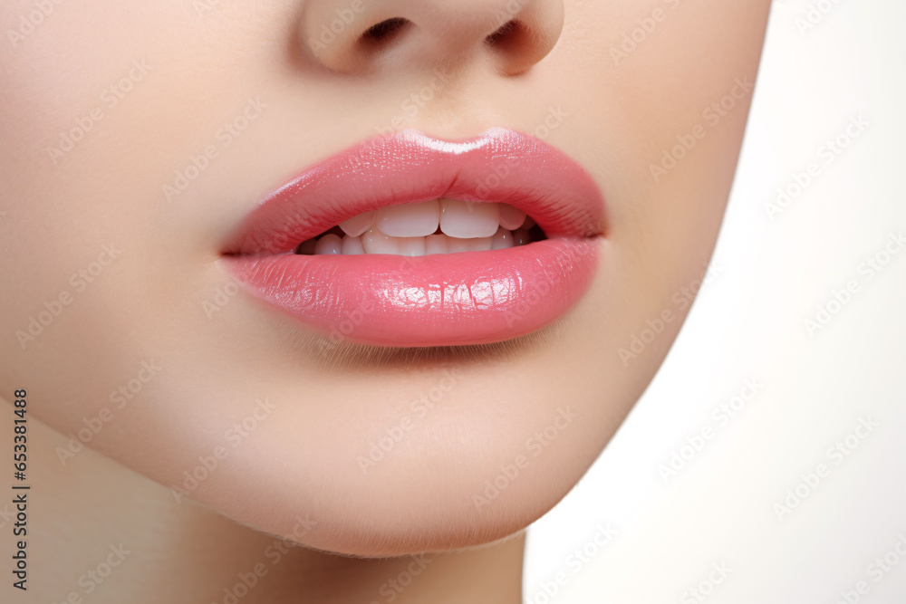Fototapeta premium Perfect young female lips with pink lipstick. Macro photo with beautiful female mouth on a light background. Plump full lips. Close-up face detail. Perfect clean skin. Spa banner.
