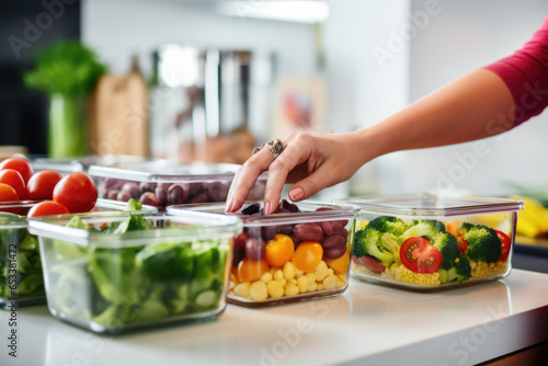 Woman putting cut fruit and vegetable into glass containers  closeup