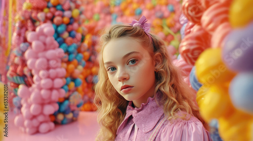 A girl dressed in a candy suit against a pastel - color background