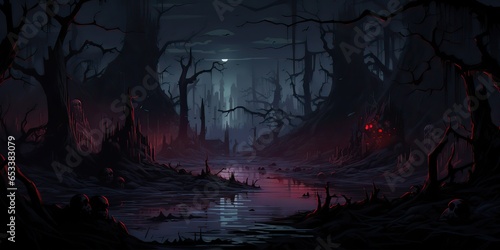 AI Generated. AI Generative. Scary evil halloween boo horror poison swamp valley concept. Adventure travel dark game template 
