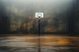 Empty outdoor basketball court. Basketball hoop on background of wall