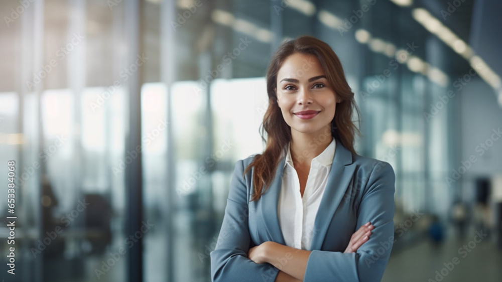 A confident businesswoman standing in a modern office, medium A confident businesswoman standing in a modern office, medium
