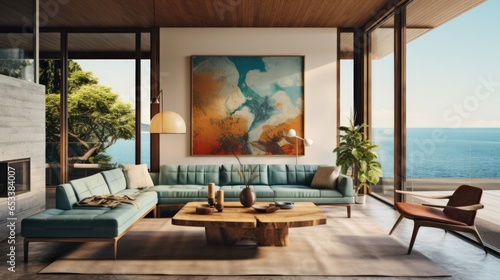 Modern living room interior design, Mid-century coastal home © thesweetsheep
