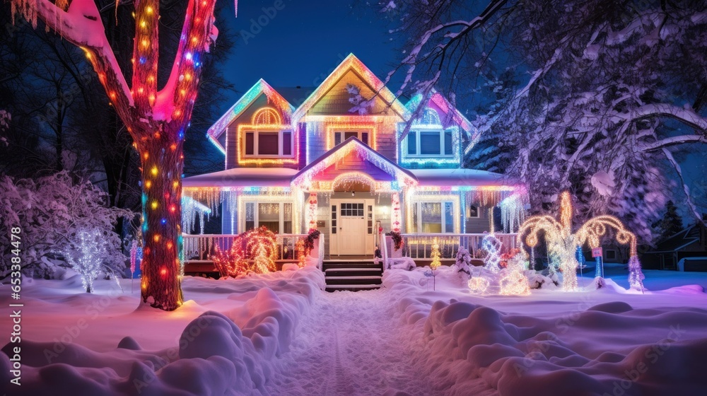 Colored Christmas lights house. Christmasdecorated house in suburban