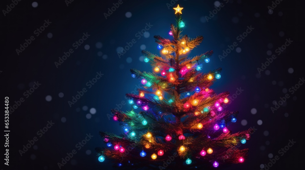 Colored Christmas lights fir tree. Bright neon Christmas tree with garlands, close-up. Christmas String Lights with Multicolor Bulbs on fir tree