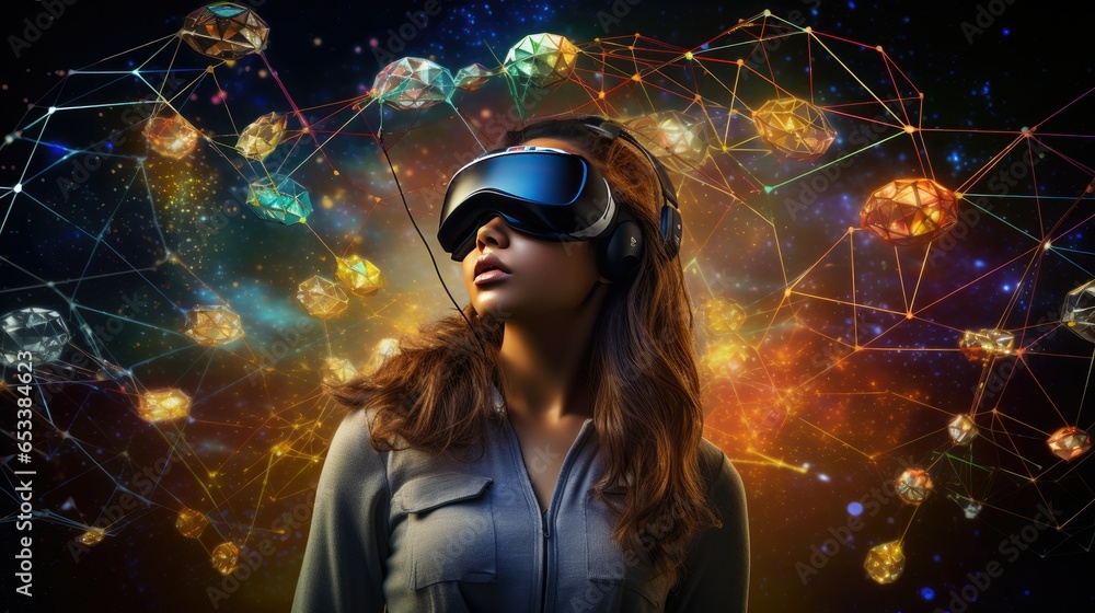 A person wearing a virtual reality headset in a vibrant virtual environment. Network nodes and connections illuminate the scene, evoking awe and fascination. The image represents technology