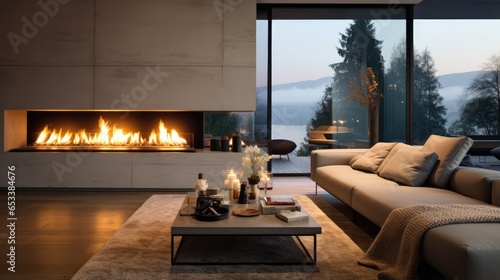 Modern luxury home, living room with fireplace © thesweetsheep