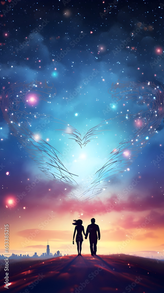 silhouette of a couple on the heavenly way, night sky with heart, love and valentine