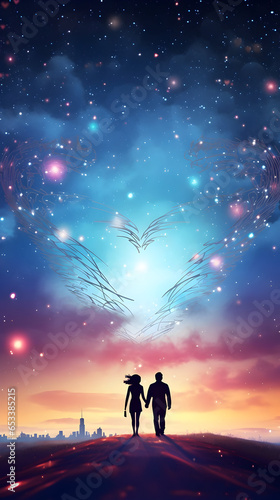 silhouette of a couple on the heavenly way, night sky with heart, love and valentine