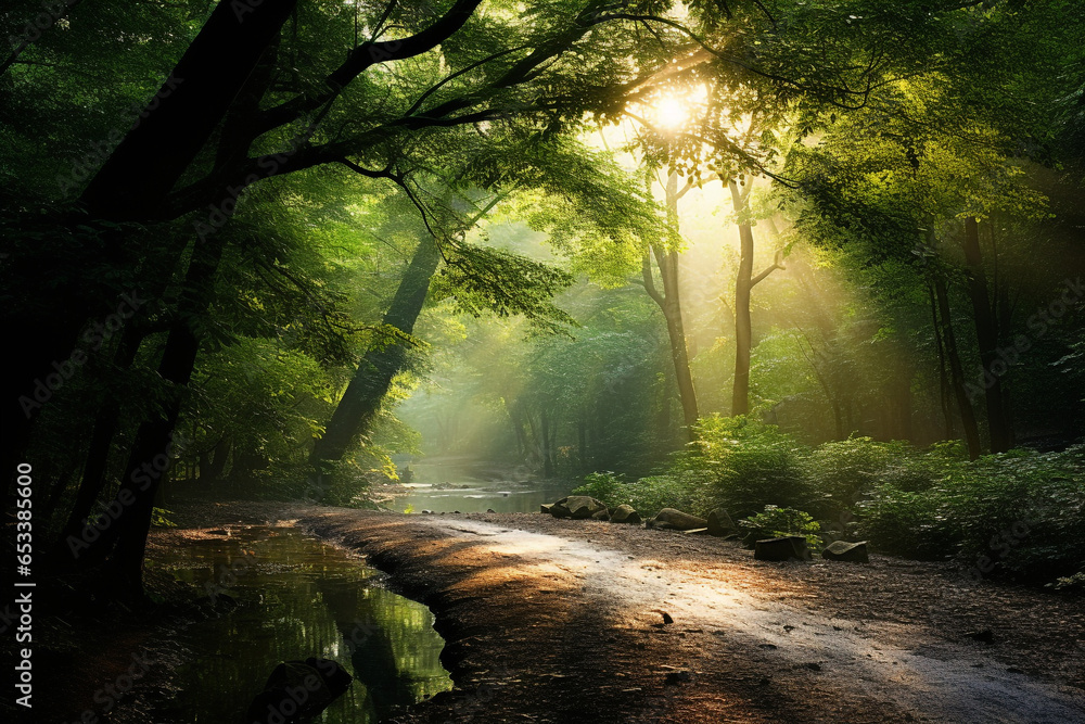 Obraz premium beautiful sunlight in the green forest