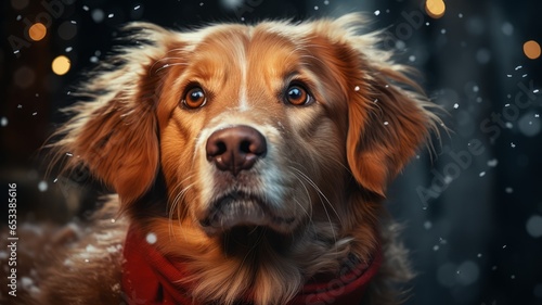 Friendly dog ​​portrait in the snow: domestic dog with a playful expression © senadesign