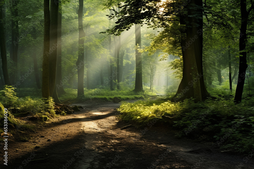 beautiful sunlight in the green forest