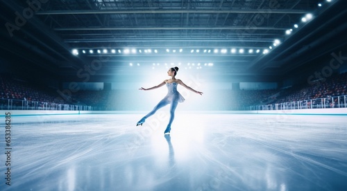 figure skating scene, figure skater doing tricks in ice in professional stadium, figure skater on the ice © Gegham