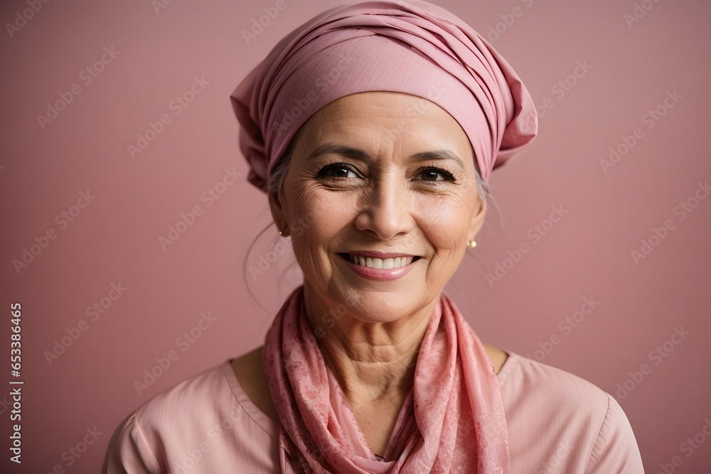 Middle-aged woman cancer patient wearing headscarf and smiling on solid pink background. Generative Ai. Middle-aged woman cancer patient wearing headscarf and smiling on solid pink background. Generative Ai.