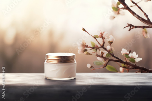 Blank glass cosmetic cream jar mockup. Standing outdoors on the table. Skin care product presentation. Template with copy space for text photo