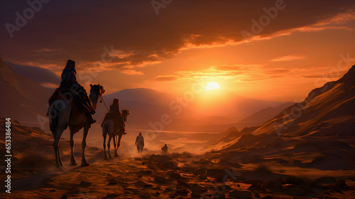 Illustration silhouette of caravan of nomads on camels in front of sunset, hills, and mountain.