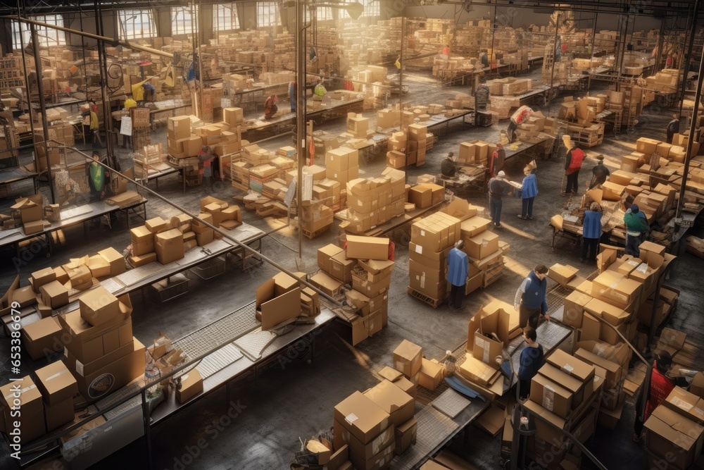 behind-the-scenes look at a bustling postal warehouse, where packages are sorted and prepared for delivery - Generative AI