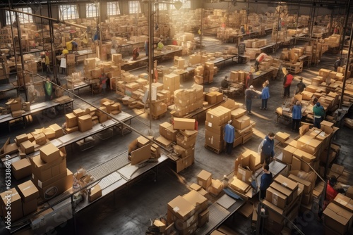 behind-the-scenes look at a bustling postal warehouse, where packages are sorted and prepared for delivery - Generative AI