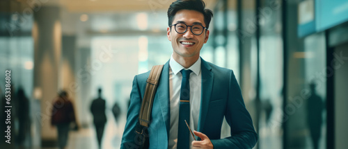 Asian businessman happy walking in business center.generative ai