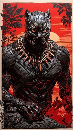 Black panther, dynamic rising red sun, linocut style