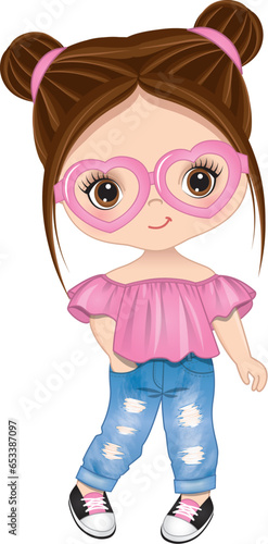 Vector Cute Little Girl Wearing Ripped Jeans, Pink Top and Heart Shape Glasses