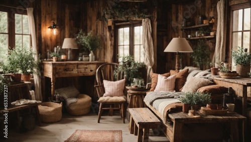 cozy charm of a rustic farmhouse, distressed wood, vintage decor, warm, earthy colors © ArtistiKa