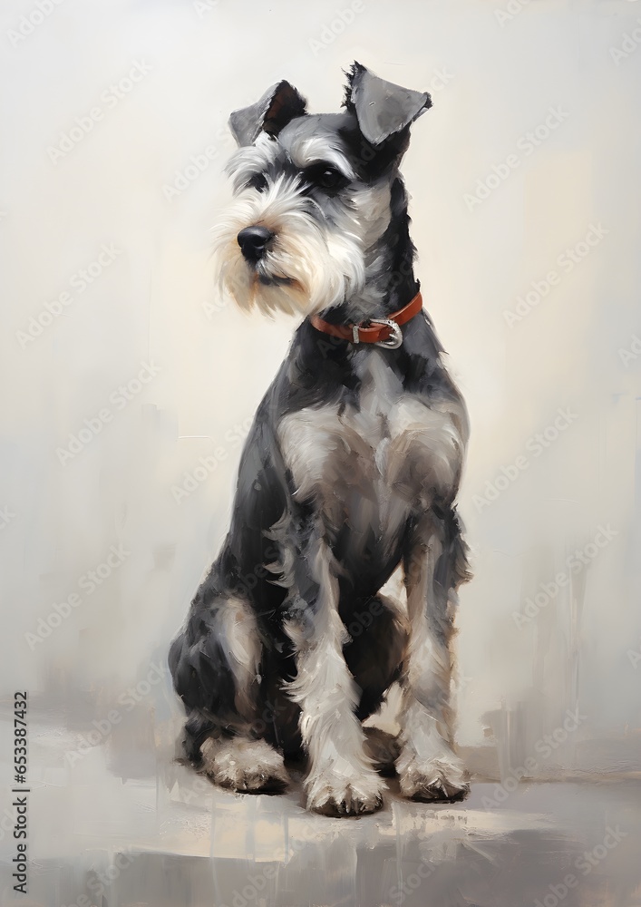 An elegant oil painting of a Miniature Schnauzer dog, full body