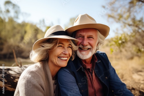 Retired Couple Smiles Happily in a Loving Embrace. The eternal love of an old couple.