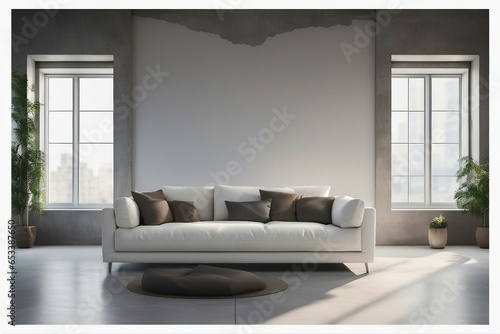 White sofa against window in room with concrete wall and floor Minimalist loft style home interior 