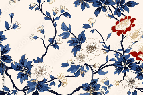Chinoiserie floral pattern, wallpaper, background, hand-drawn cartoon Illustrations in minimalist vector style