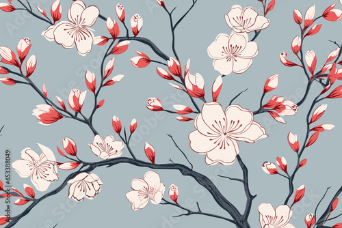 Chinoiserie floral pattern, wallpaper, background, hand-drawn cartoon Illustrations in minimalist vector style
