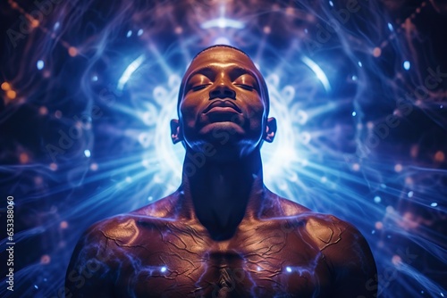 a black man with his eyes closed, against the background of astral, spiritual radiance. Physical waves and self-knowledge