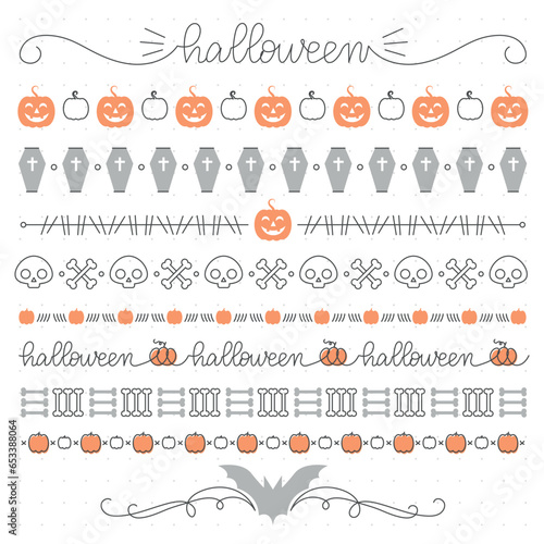 Halloween themed seamless borders collection, simple one line style, editable line thickness. Vector illustration