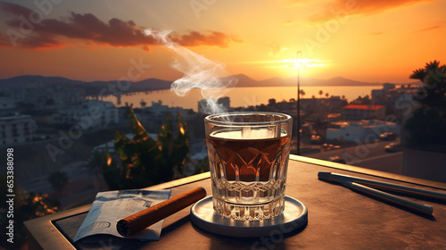 A glass Macallan 64 Year Old in Lalique, a pack of cigarettes and a lighter on a sunset background photo