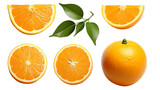 Fresh orange sliced with leaves, full orange, half orange, pieces of orange on white isolated background.