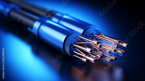 Fiber optics network cable on technology background. Generative Ai