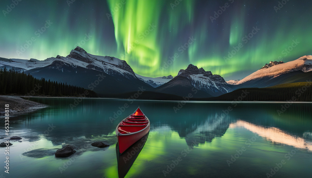 Aurora Canoeing Maligne Lake, Jasper National Park, Canada - obrazy, fototapety, plakaty 