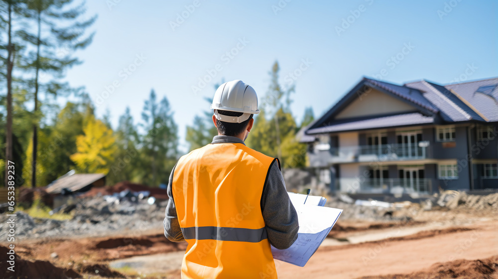 an inspector or engineer checks the construction and quality assurance of a new home. Engineers, architects or contractors work to build a house. ai generative - obrazy, fototapety, plakaty 