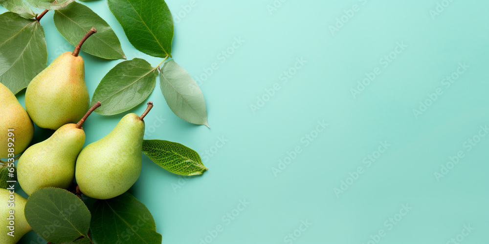 pears and leaves isolated on turquoise background. ai generative