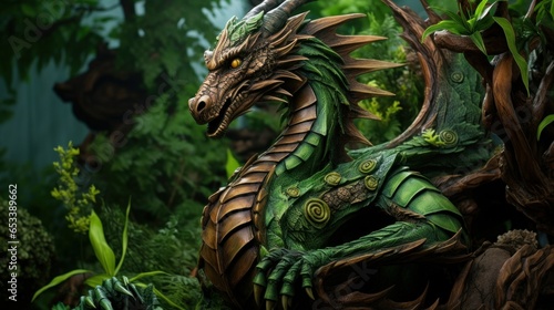 2024 is year of the Wood Dragon background, web banner. 2024 Chinese New Year. Symbol of 2024 new year green Wood Dragon on green nature background © irissca