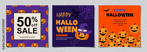 Halloween banners set  party invitation background with clouds  bats and pumpkins in flat design for banner  cover  printing and social media post. Vector illustration.