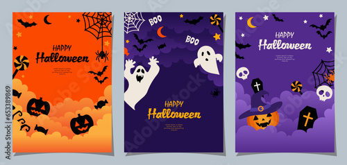 Halloween banners set, party invitation background with clouds, bats and pumpkins in flat design for banner, cover, printing and social media post. Vector illustration.