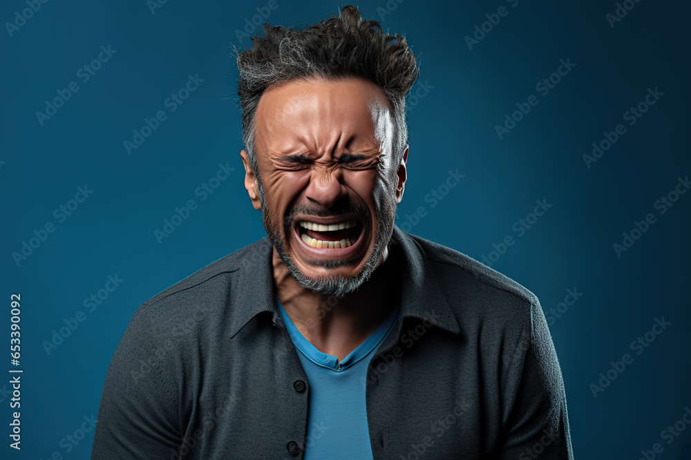 Fototapeta premium Coping with Emotions Portrait of a Man Expressing Sadness on a Calming Blue Backdrop. created with Generative AI