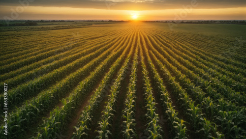 Panorama view of countryside landscape with corn field, Beautiful Maize field in sunset. ai generative