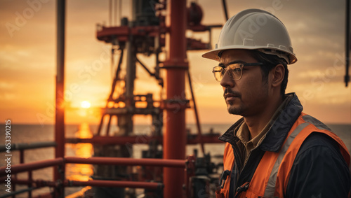 Portrait of a man oil rig worker with a helmet in front of the offshore rig with sunset background. ai generative