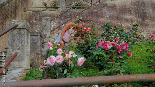 A girl smells the scent of roses in a garden in San Miniato in Tuscany photo
