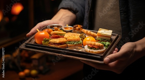 close-up of person in the restaurant with tray  person in the restaurant  close-up of hands holding tray with dishes and delicious foods