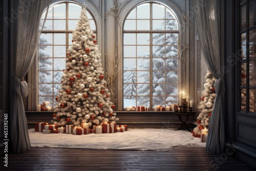 Fototapeta living room with fireplace and christmas tree