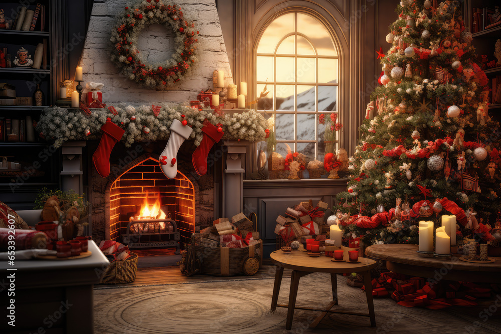 living room with fireplace and christmas tree